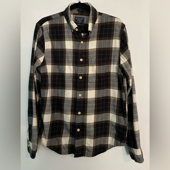 Abercrombie & Fitch Mens Slim Fit Flannel Button Down Size Small Olive Dark Navy - Picture 1 of 8